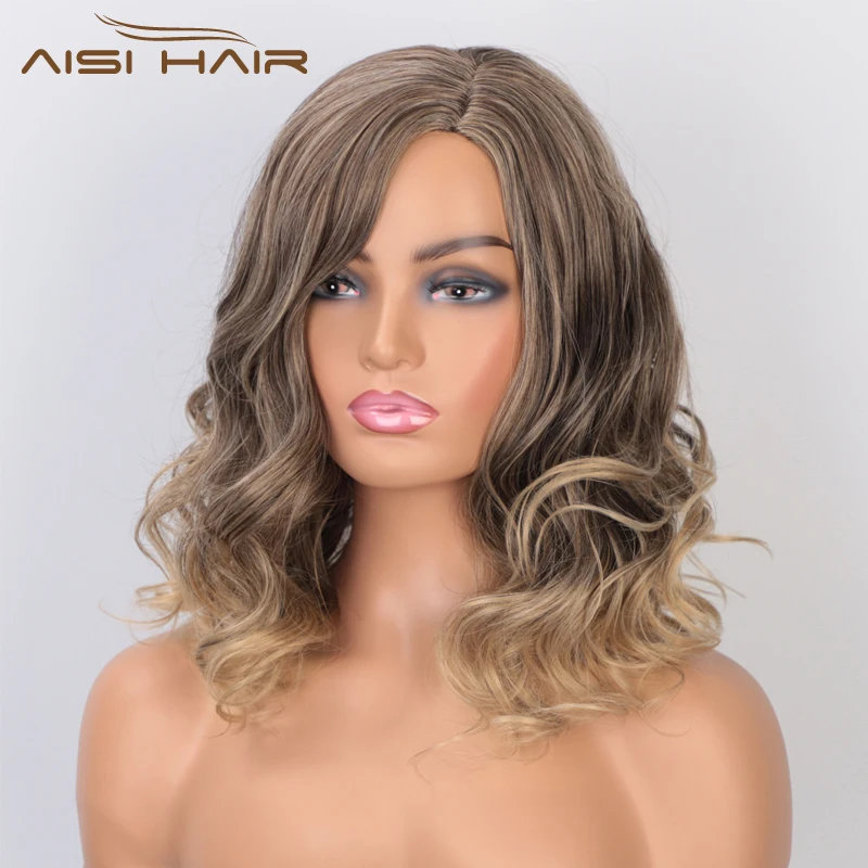 

AISI HAIR 16inches Natural Wave Side Part Short Wig Mixed Brown and Blonde Wig Synthetic Wigs for Black Women Cosplay Women