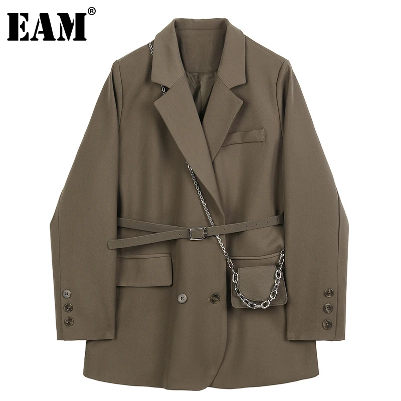 Pocket Blazer Brown EAM Women Spring Long-Sleeve Autumn Fashion New Lapel Loose Loose