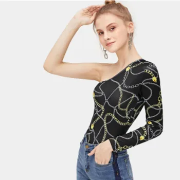 

One Shoulder Skinny Bodysuit WoMen Chain Print Oblique Collar Long Sleeve Bodysuits Jumpsuit Slim Rompers Womens Jumpsuit