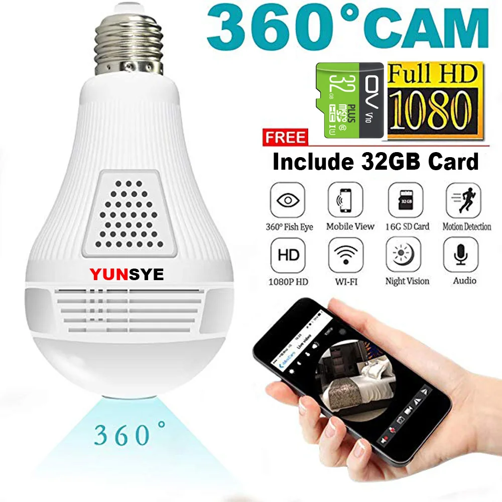 Камера видеонаблюдения YUNSYE 1080P 360 VR с Wi Fi и панорамной подсветкой|Камеры