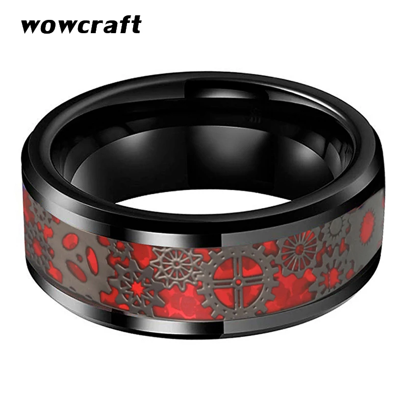 Ceny 8mm obrączki wolframowe pierścienie węglikowe czarne dla mężczyzn kobiety Gears Red Opal wkładka skośne krawędzie polerowane błyszczące Comfort Fit