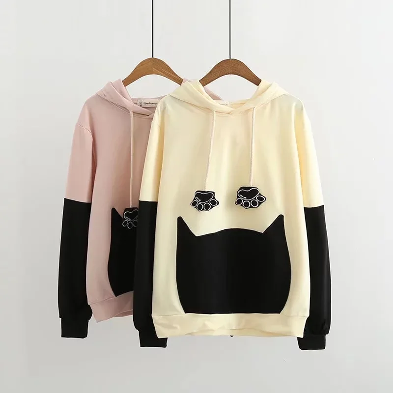 

1 Pcs Japanese Sen Female Hoodie Cotton Small Fresh Hoodie Cat Hand Print Korean Long Sleeve Soft Sister Pullover Pink Beige