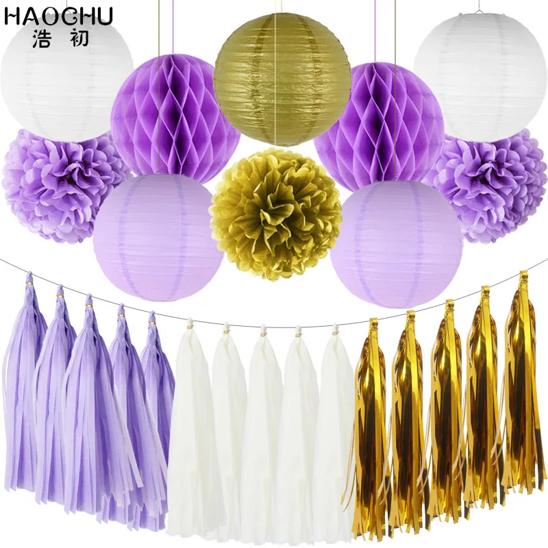 Purple Gold 25pcs/set Gold White Round Hanging Paper Ball Lanterns Honeycomb Tissue Pom Poms Tassel Birthday Wedding Theme Party Decorations - Цвет: Purple Gold