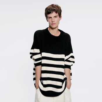 

2019 New ZA Stripe Loose Sweater for Women Mutli Color Round Collar Long Sleeve Elegant Temperament Winter Sweater Wholesale