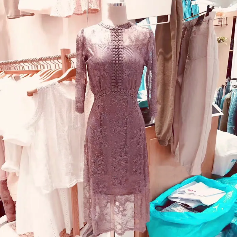 Осень 3/4 рукав полный кружева длиной до колена vestidos Bodycon Сексуальные Высокая Талия Вечерние фиолетовые платья