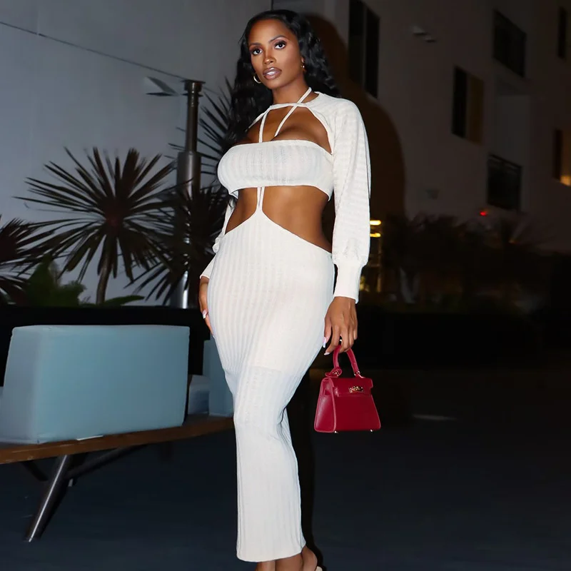 

WJFZQM сексуальный ребристый белый комплект из 3 предметов Женская юбка с длинным рукавом шаль без бретелек Топы облегающие макси платья комплекты