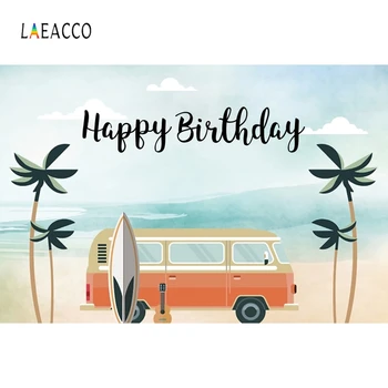 

Laeacco Birthday Backdrops Blue Sky Clouds Palms Trees Bus Surfboard Guitar Photography Backgrounds Summer Holiday Photophone