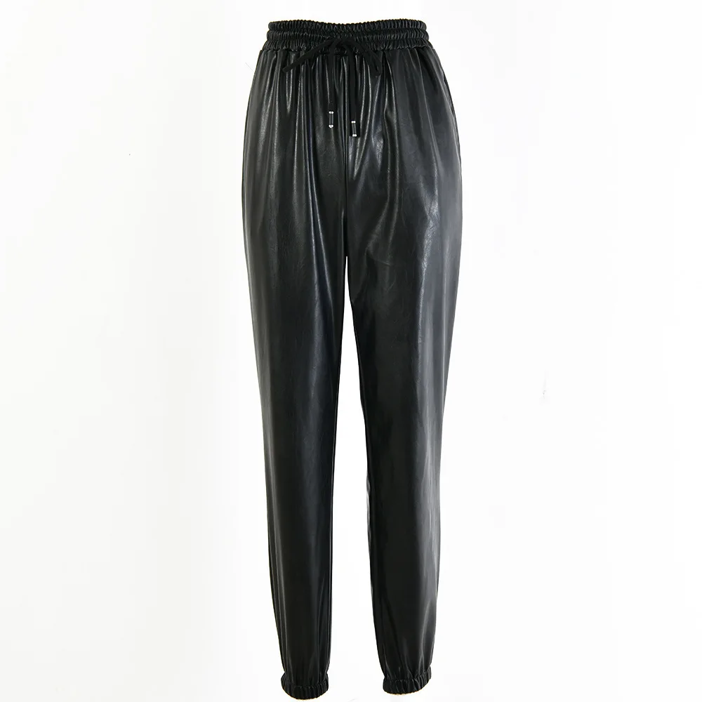 Штаны-шаровары из искусственной кожи Модные женские черные свободные брюки осень зима женские повседневные брюки с высокой талией Pantalon Mujer - Цвет: black