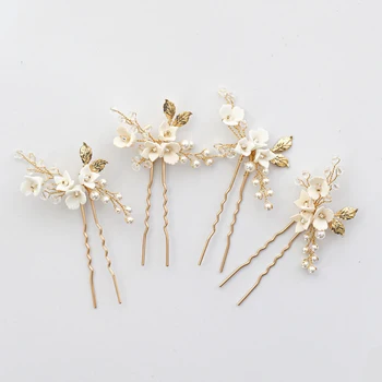 

Delicate Clay Flower Bridal Hair Pins Handmade Romantic Wedding Hair Jewelry Brides Headpiece Gold Leaf Headdress For Bridesmaid