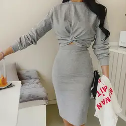 Комплект из 2 предметов для женщин w Сексуальная однотонная тонкая юбка с длинным рукавом Хлопок o-образный вырез сексуальный и клубный 2019