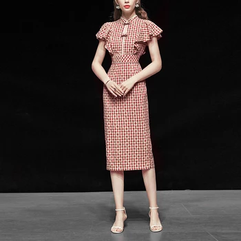 

Seifrmann Women Summer Fashion Designer Midi Dress Butterfly Sleeve Floral Print Bodycon Fit Chinese Style Ladies Pencil Dresses