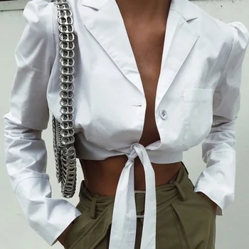 

2019 Autumn Women Streetwear Blouse Shirt Lace Up Long Sleeve Solid White Crop Tops Winter Short Shirt For Women Female