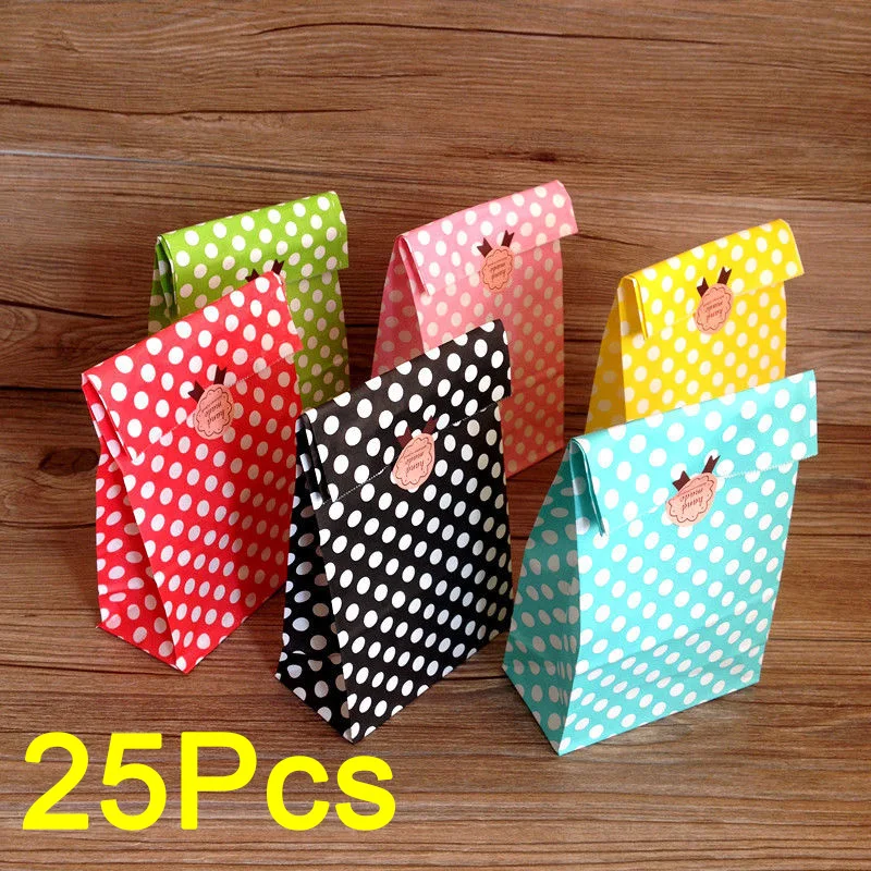 

25Pcs Packaging bag Wedding Paper Gift Buffet Food Kraft Dot Party Gift Cake Popcorn Bags Polka Paper Durable Bag Favour