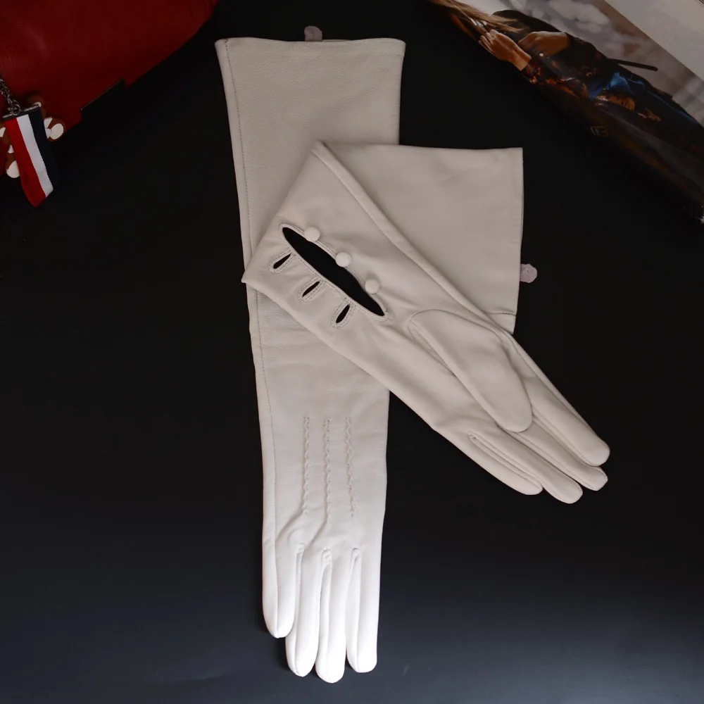 30 см-80 см, новые женские перчатки из натуральной овечьей кожи, длинные перчатки с тремя пуговицами, Вечерние перчатки - Цвет: Белый