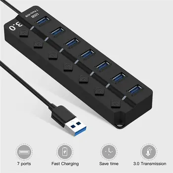 

USB Hub 3.0 High Speed 7 Port USB 3.0 Hub Splitter On/Off Switch With EU/US Power Adapter For MacBook Laptop PC Dropshipping
