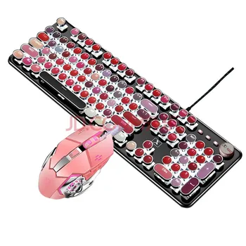 

Lipstick True Mechanical Keyboard and Mouse Set Retro Girl Powder Cute Green Axis Circle Key Gameing Keyboard