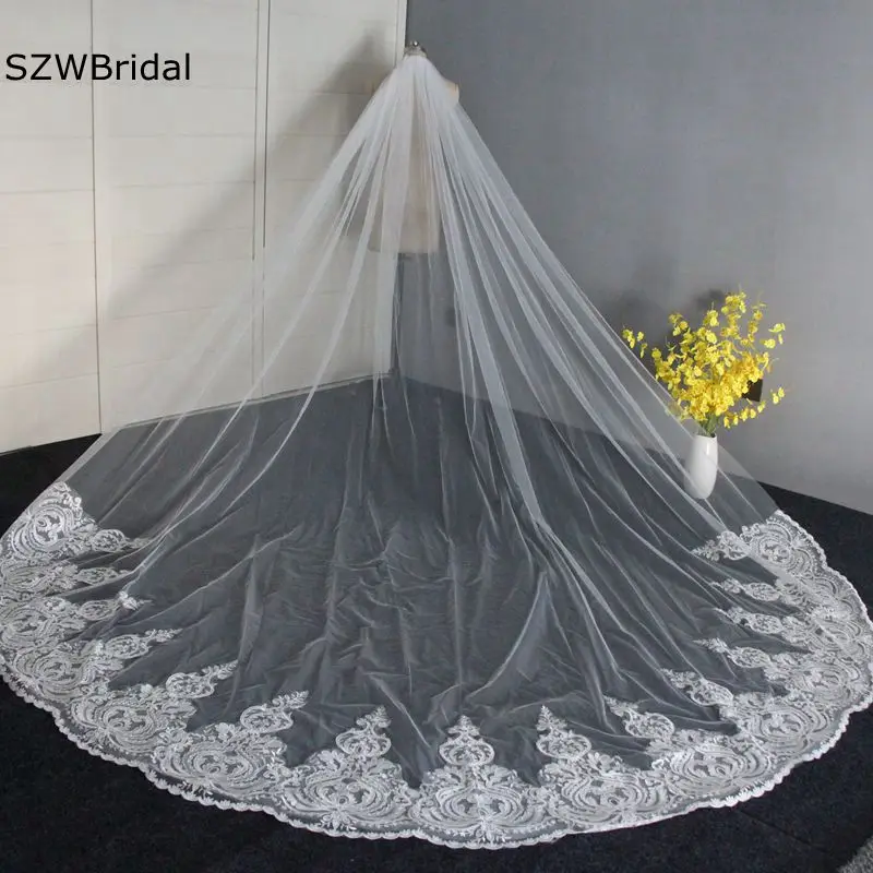 

New Arrival White Ivory Cathedral Wedding Veil Lace Appliques Beaded Bridal headwear Welon Casamento Bridal Veils Veu de noiva