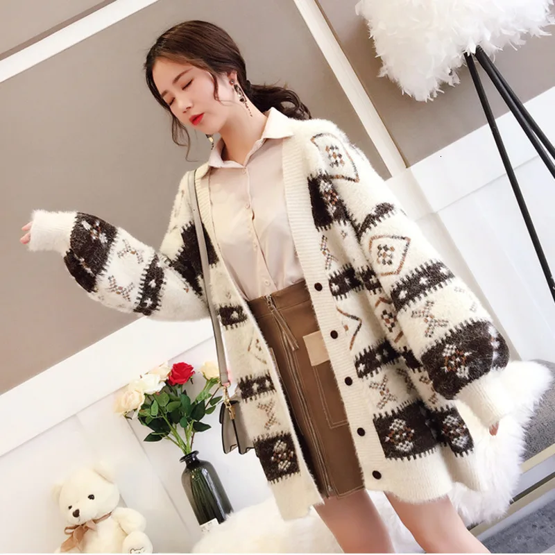 ^Cheap Korea 2019 Autumn Mohair Single-breasted Long Loose Sweater Coat Women's Cardigan Korean Early Spring Sweater B571