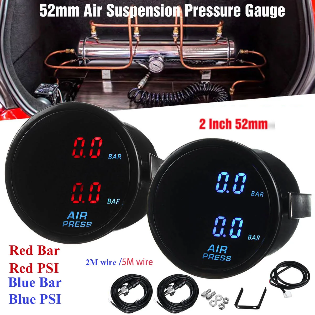 

52mm Air Suspension Pressure Gauge Bar Dual Digital Display 2M/5M Wire Red Blue LED Air Ride Air Press with Sensor