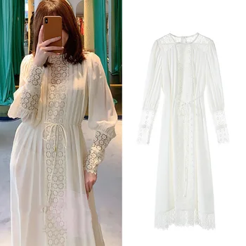 

New hubble bubble sleeve lace stitching loose long waist G0869 chalaza chiffon dress