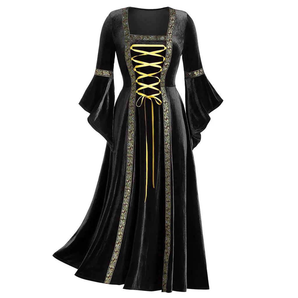 Halloween Cosplay Costumes Scary Vampire Witch Costume For Women Medieval Victorian Masquerade Costume Black Maxi Dress