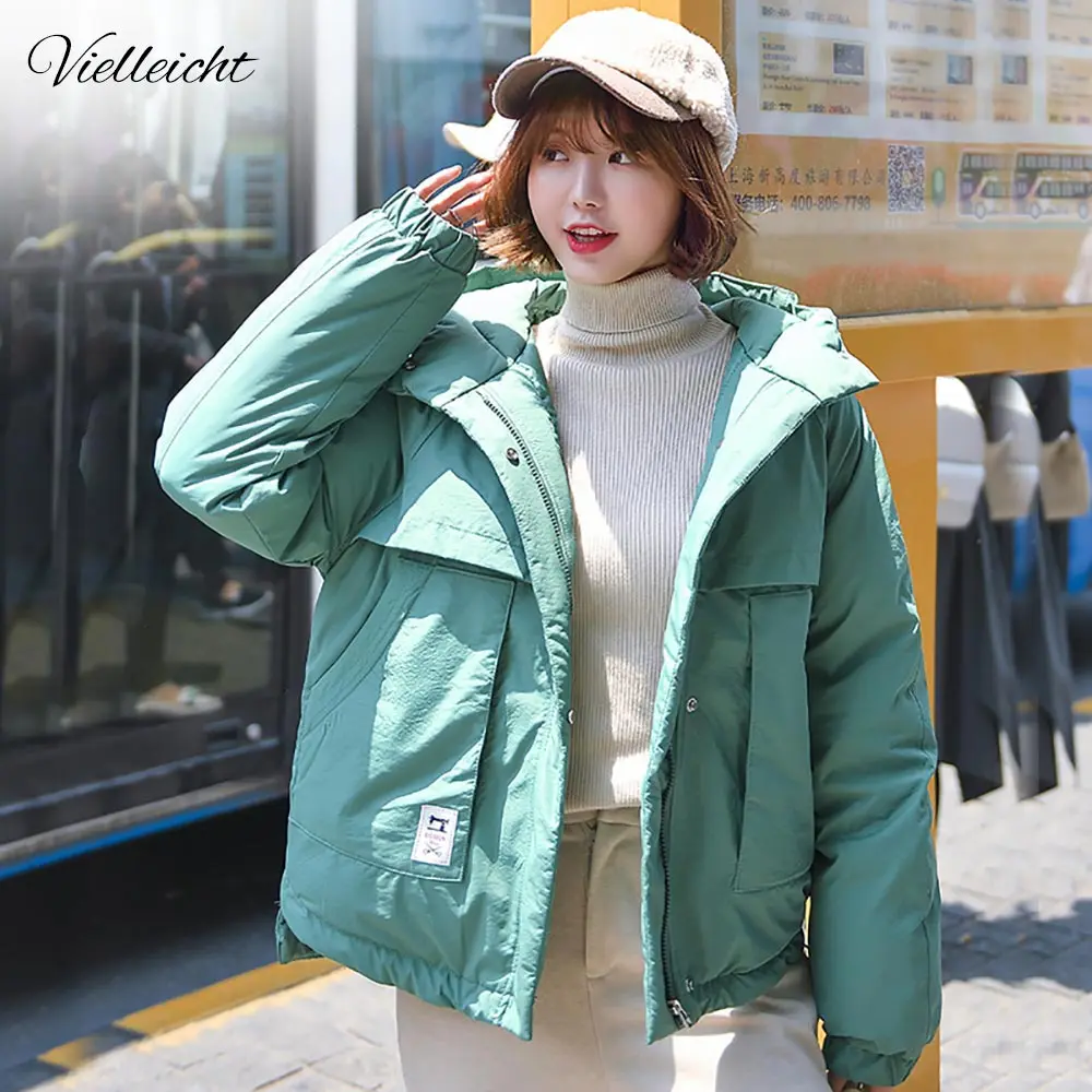 

Vielleicht 2019 Causal Ladies Solid Padded Jacket Short Autumn Winter Jacket Women Hooded Coats Female Pockets Wadded Parkas
