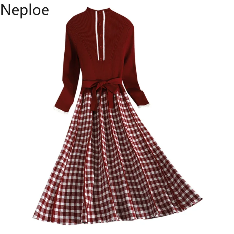 Neploe, клетчатое платье в полоску, облегающее платье с высоким воротником и длинным рукавом, дизайнерское вязаное платье с бантом, осенне-зимняя верхняя одежда с высокой талией, Ropa 48361