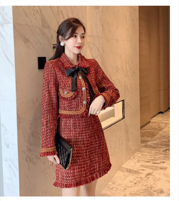 Fashion Autumn Winter Tweed Skirt Set Women Bow Single Breasted