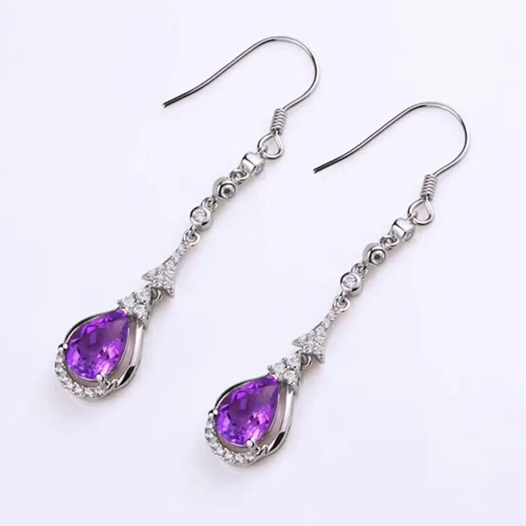 

Fashion Gemstone Crystal Earrings Accessories 925 Silver Inlaid Natural Amethyst Ear Hook