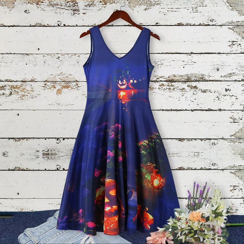 Halloween Dress Women Cat Pumpkin Print Sleeveless Big Swing Dresses Female Sexy V-neck Dress VESTIDO