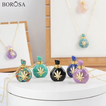 

CZ Gems Stones Perfume Essential Oil Bottle Pendant Necklaces with Gold Leaf Natural Turquoises Amethysts Charms for Women G1976