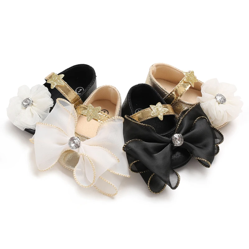 FOCUSNORM 0-12M Newborn Baby Girl Princess Crib Shoes Shiny Non-Slip Soft Sole Flats with Big Bow/Flower
