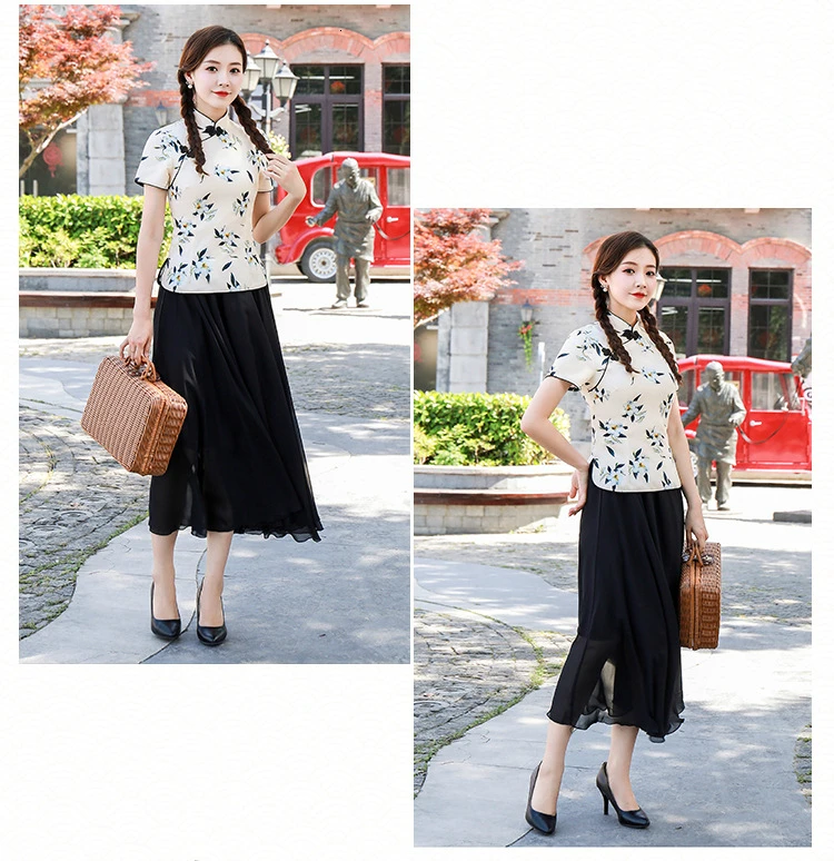 S-4XL Plus Size Chinese Tops Shirts Blue Printing flowers Chinese Tops Woman Pink Shirt Tops Clothing