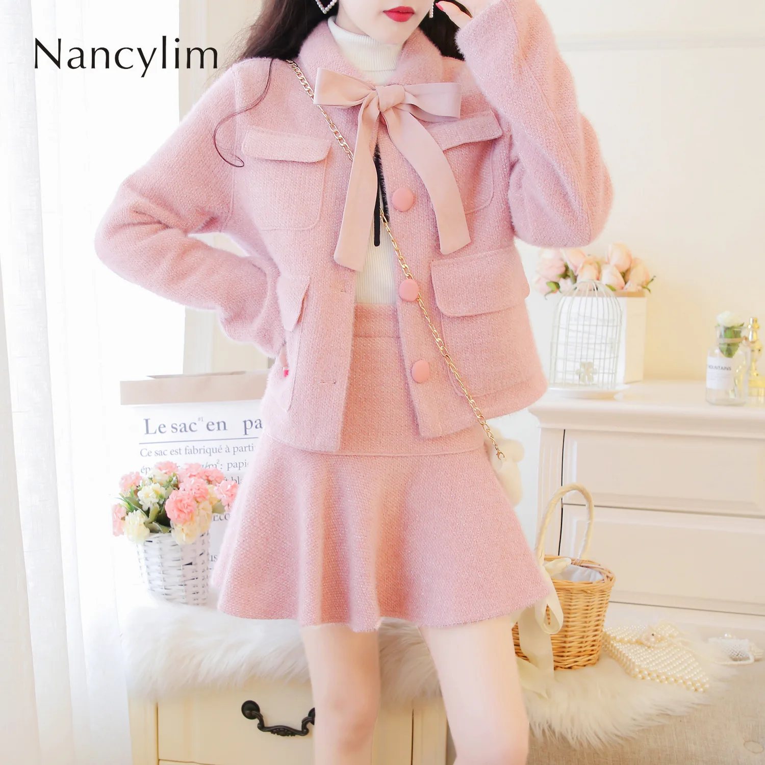 

2019 Fall Winter New Small Breeze Bow Tie Lapel Mink Fur Coat + Flounce Skirt Two-piece Set Ladies Fashion Skirts Set Femme