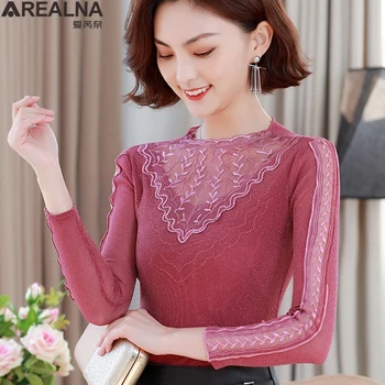 

blouses woman 2019 autumn Women's Sexy lace Mesh Blouse Long Sleeve High collar Elegant slim Shirt Fashion Women Tops blusas