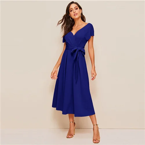 SHEIN застежкой-молнией на спине верхняя часть шеи с поясом, платье с пышной юбкой элегантная женская летняя обувь с цветочным рисунком топ с глубоким V-образным вырезом платье с высокой талией - Цвет: Синий