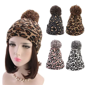 

NEW Fashion Trend Women Leopard Faux Fur Ball Winter Warm Crochet Popular Knitted Hat Cap HOT Selling Beanie Freeship шляпа