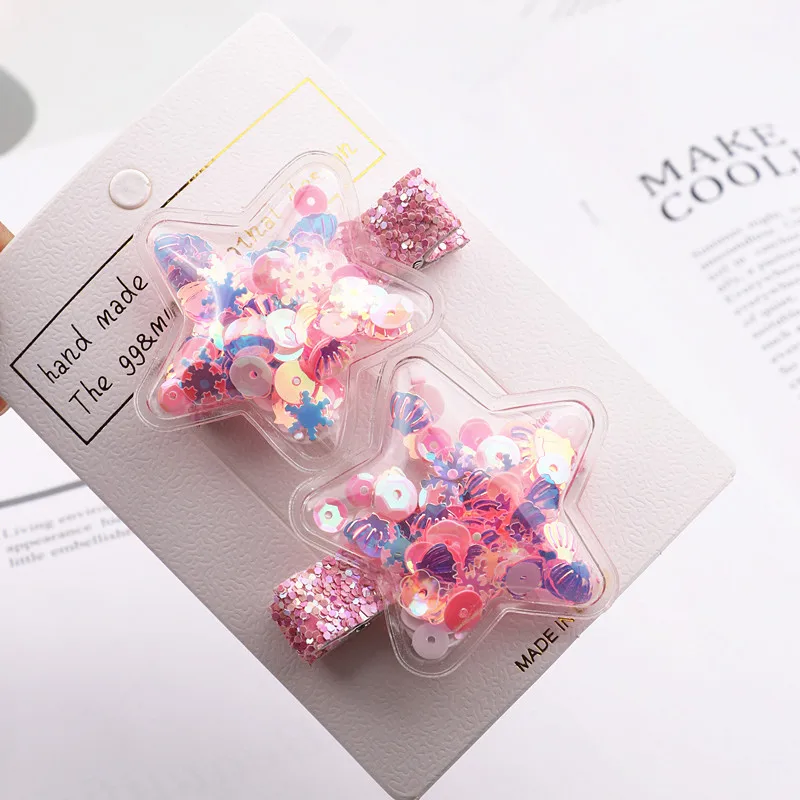 star pink circle Блестящие радужные зыбучие пески для маленьких девочек, заколки для волос, блестки для волос, заколки в виде сердца и звезды, модные аксессуары для волос, подарок - Цвет: star pink circle