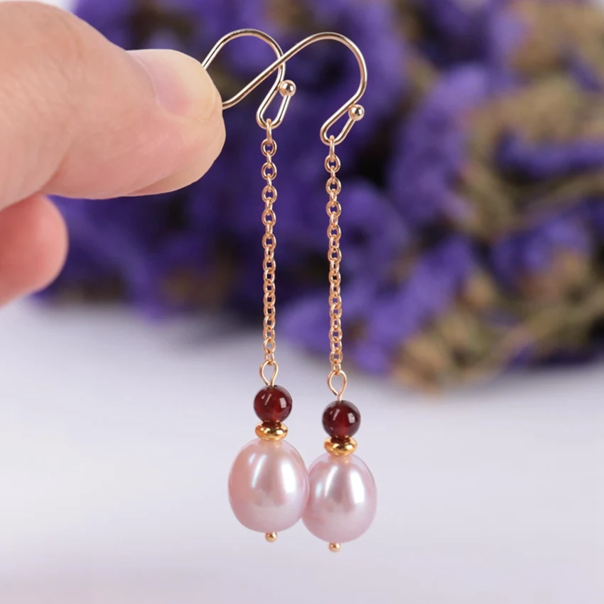 Natural White baroque pearl Garnet gemstone Earring 18k Ear Drop Dangle Cultured