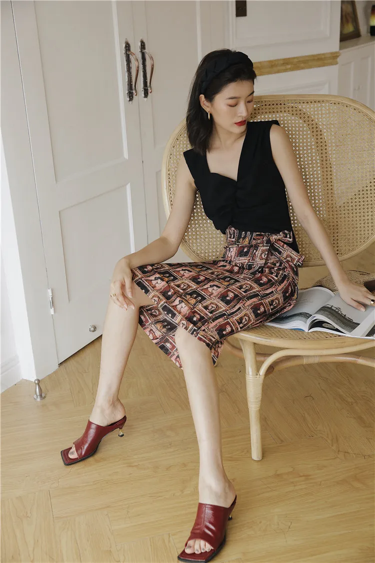 CHEERART Vintage Chiffon Skirts Womens Print High Waist Beach Wrap Skirt Lace Up Ladies Bohemian Skirt Straight Knee Length