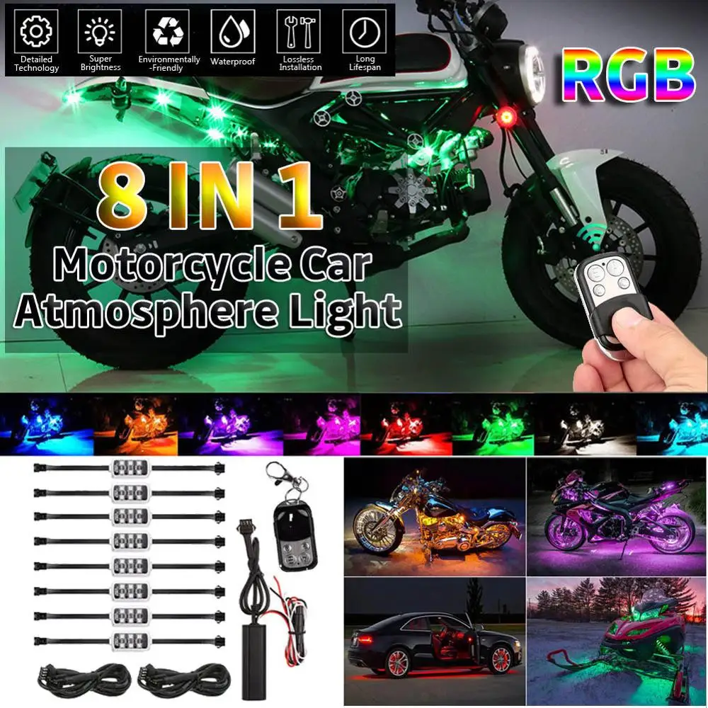 

8IN1 RGB 48LED Smart Brake Lights Motorcycle Car Atmosphere Light with Wireless Remote Control Moto Decorative Strip Lamp Kit