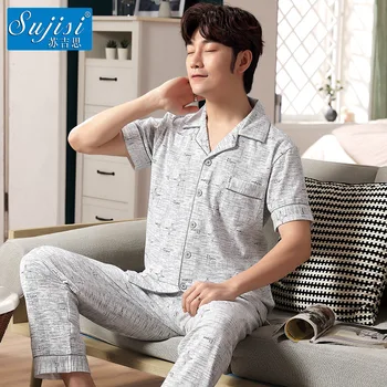

Summer cotton pajamas men's cardigan lapel short-sleeved trousers wear loose large size cotton thin section home service