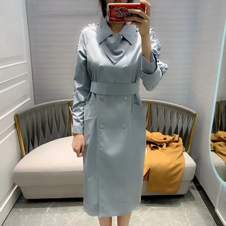 

2019 Spring and Summer Women's New Elegant Ladies Shoulder Sleeve Stitching Lace Long Trench Coat 2 Color Sky Blue & Khaki