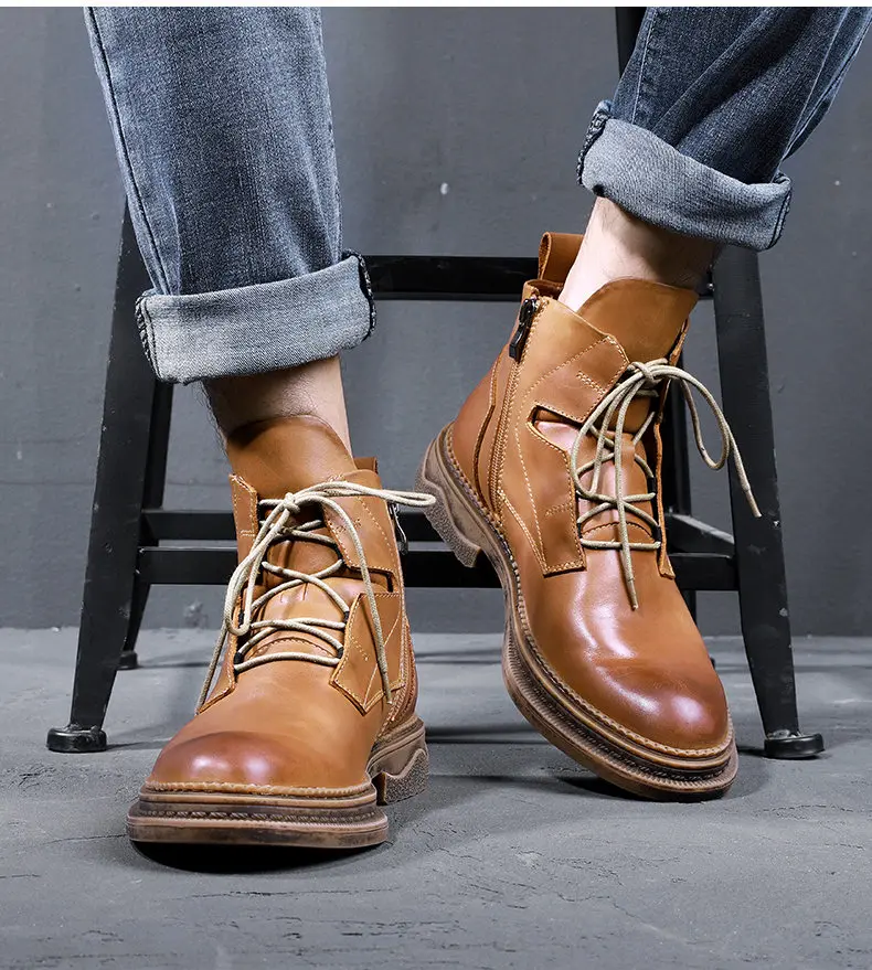 Eur Size 38-43 Retro Boots Men Full Grain Leather Lace Up Autumn Ankle Boots Man Trendy Thick Heel Winter Casual Shoes Soft