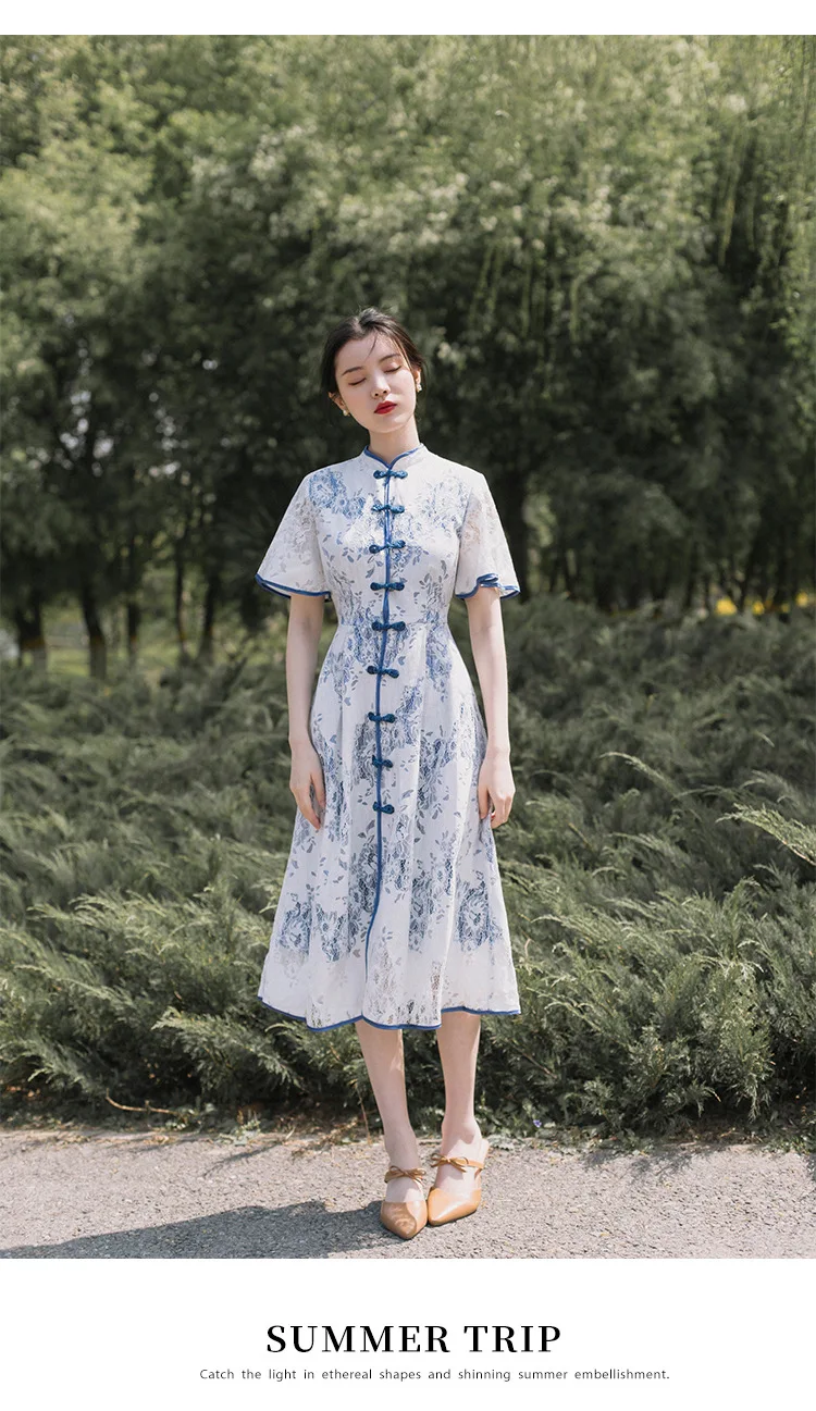 Летний Стиль Ретро китайский стиль синий и белый фарфор улучшенный Cheongsam Элегантность свежее кружевное Открытое платье