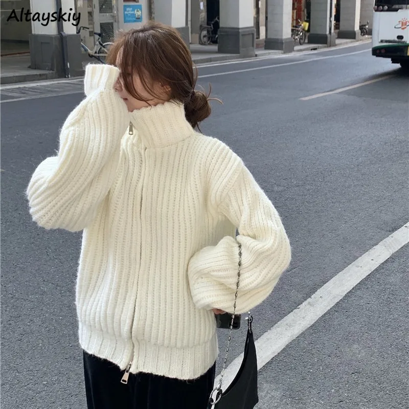 Suéteres lisos para mujer, cárdigans femeninos de estilo coreano de cuello alto holgados blancos de ocio, cárdigans con cremallera y manga acampanada, elegantes y populares