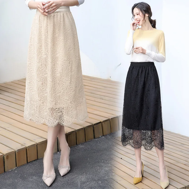 

Shanghai 2020 Spring And Autumn Hollow out Lace Elastic High-waisted Versatile A- line Skirt
