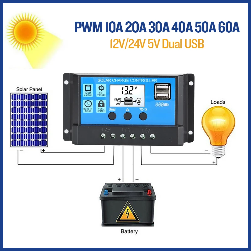 Контроллер заряда солнечной батареи режимы Auto PWM 12 В 24 60 А 50 40 30 20 10 ЖК-дисплей 5