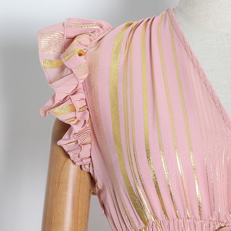 细节 (2).JPG TWOTWINSTYLE Sexy Striped Women Dress V Neck Butterfly Sleeve High Waist Lace Up Tunic Ruched Winter Dress Fashion Clothing New