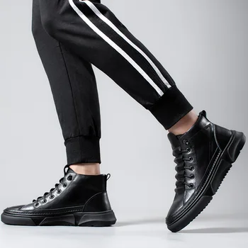 

New Autumn Early Winter Shoes Men High top Sneakers Black Thick Sole Non-slip Men Casual Shoes Cow Leather Male Footwear A2827